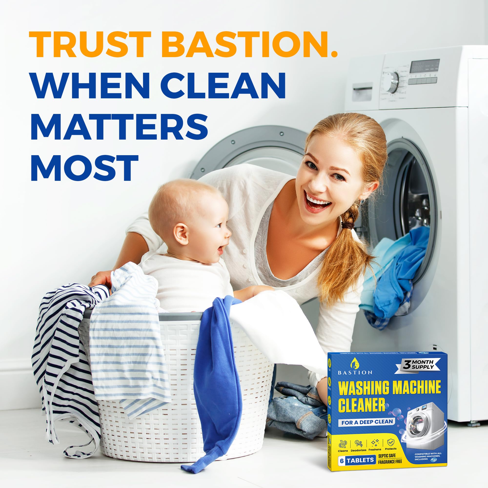 Bastion Washing Machine Cleaner, Deodorizer, & Descaler 6-Pack - 3 Month Supply