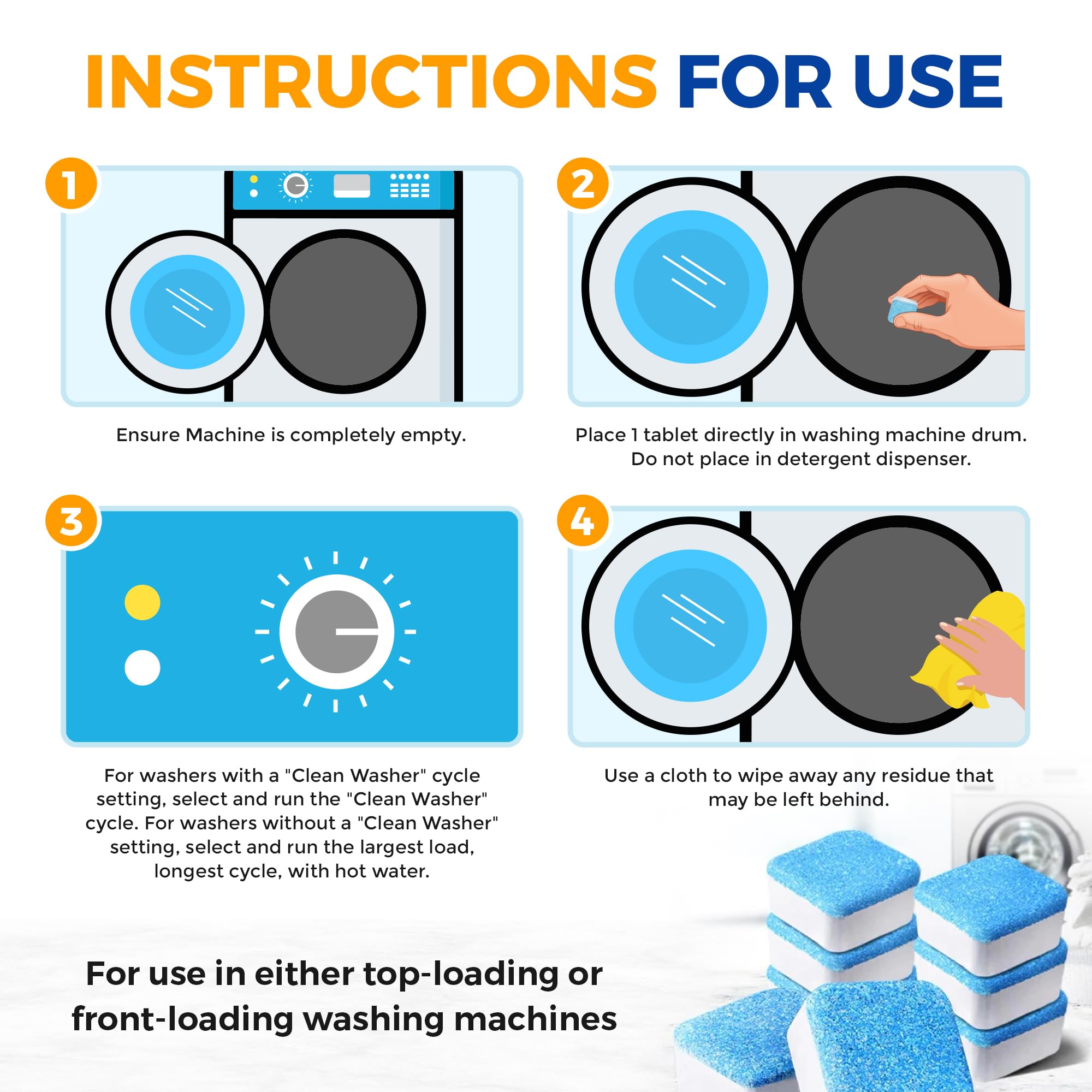 thumbnail image 2 of Washing Machine Cleaner Descaler Tablets – 24 Pack, Deep Clean For HE Front Loaders (Scent Free) 2 of 6